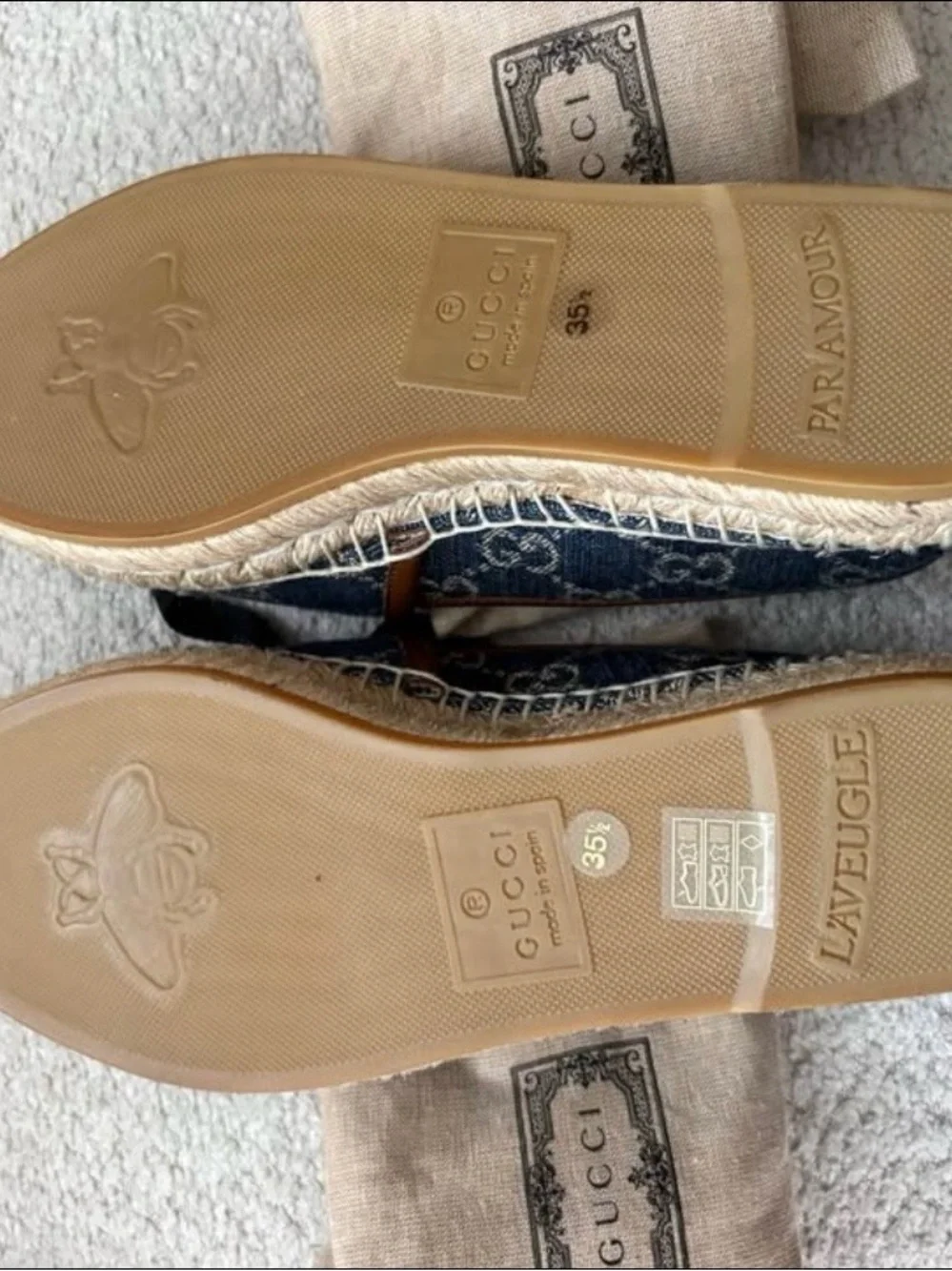 Gucci Denim Monogram Espadrille Flats with Brown Trim